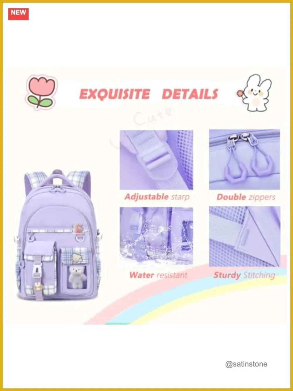 Girls School Backpack Kawaii Bookbag with Accessories Water-Resistant Polyester